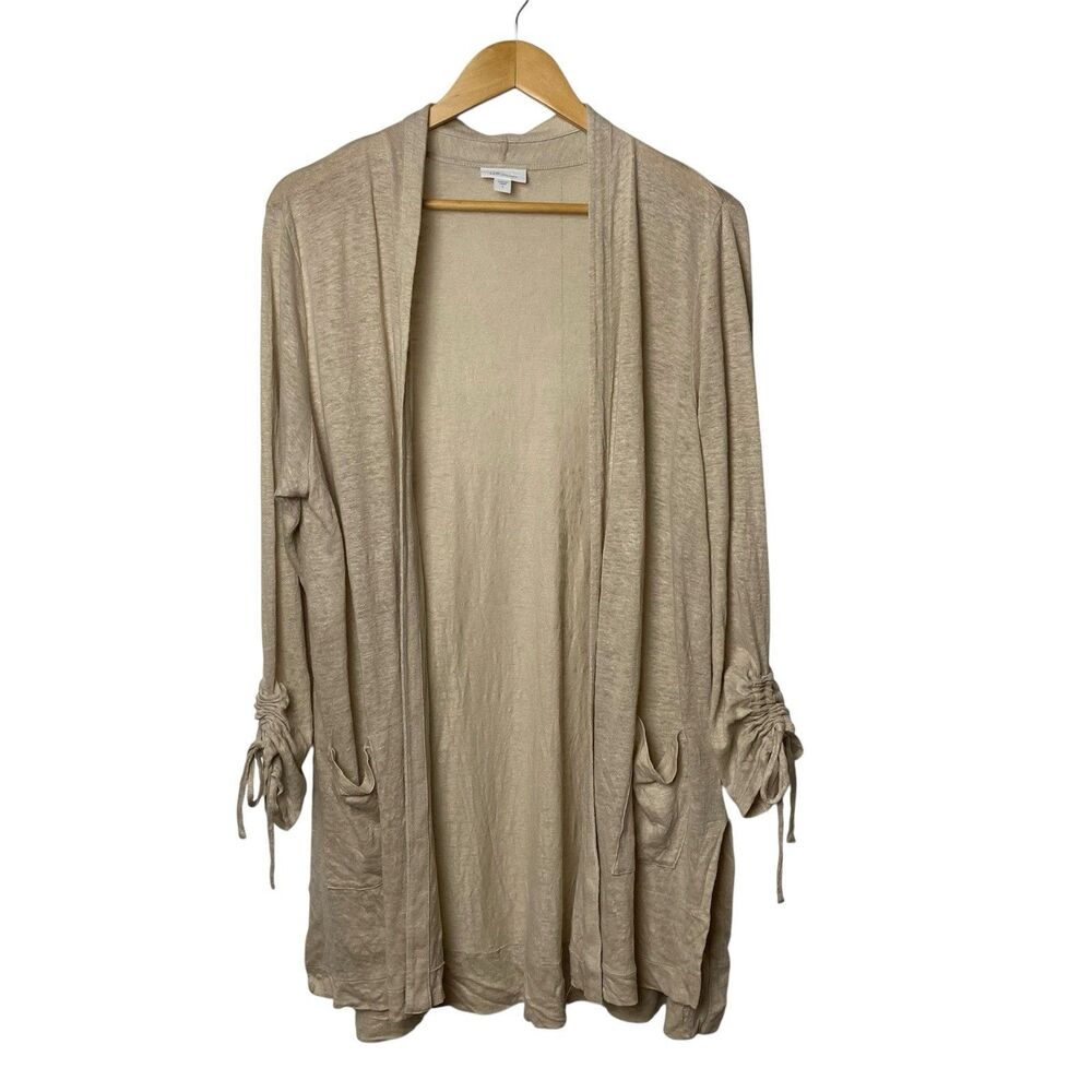 J Jill Love Linen Cardigan Longline 100% Linen Natural/Flax  Open Front Size L